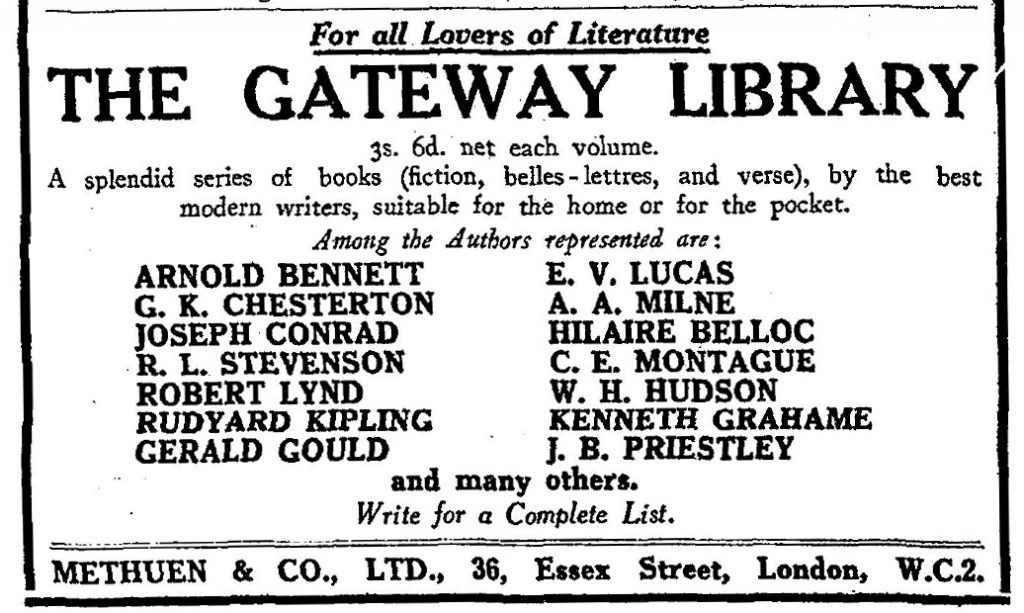 Ad for Methuen's Gateway Library from The Times (London, England), Friday, May 17, 1929; pg. 19.